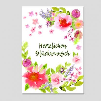 "Herzlichen Glückwunsch" Aquarellblumen zum direkten Download in DIN A4