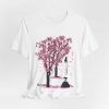 Unisex T-Shirt mit Kirschblüten Design – Jupitersäule Bonn Crewneck T-shirt | Bella + Canvas 3001 | Vorder-und Rückseite bedruckt mit gleichem Motiv
