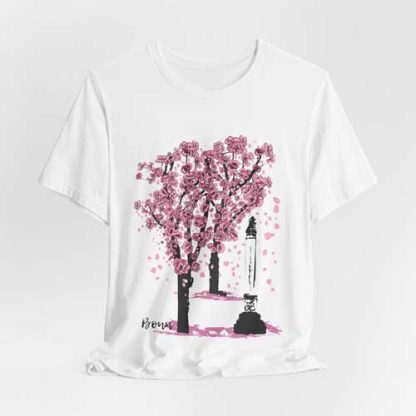Unisex T-Shirt mit Kirschblüten Design – Jupitersäule Bonn Crewneck T-shirt | Bella + Canvas 3001 | Vorder-und Rückseite bedruckt mit gleichem Motiv